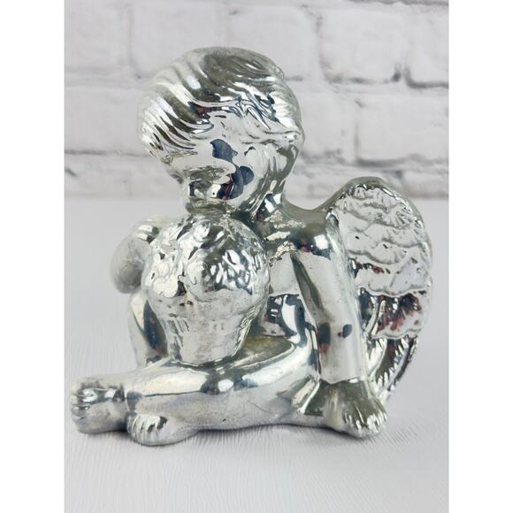 Vintage Silver Angel Figurine Cherub Statue 90s Holiday Decor Guardian Angel - Picture 15 of 16